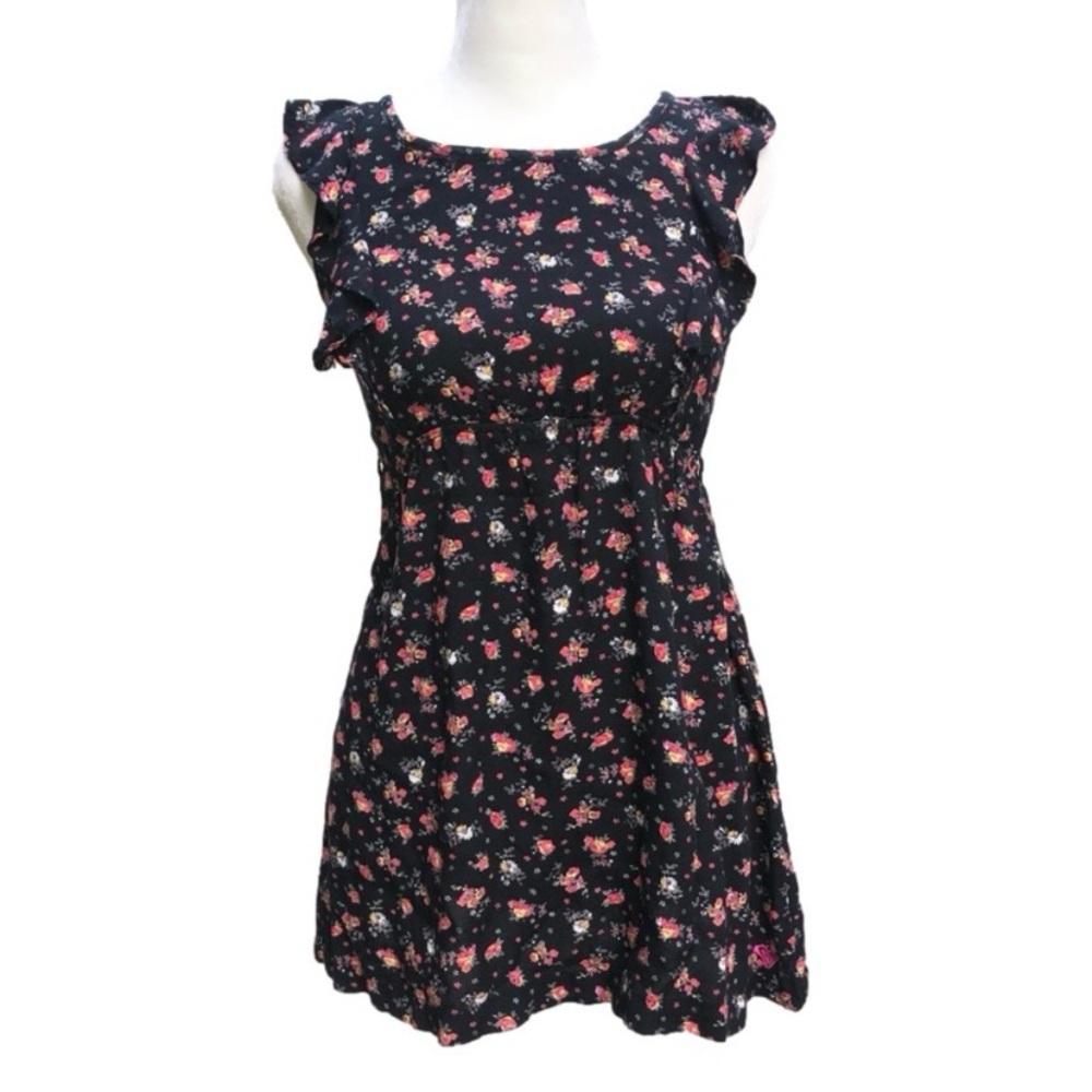 Roxy Girl Black Floral Ruffle Flutter Short Sleeve Casual Dress